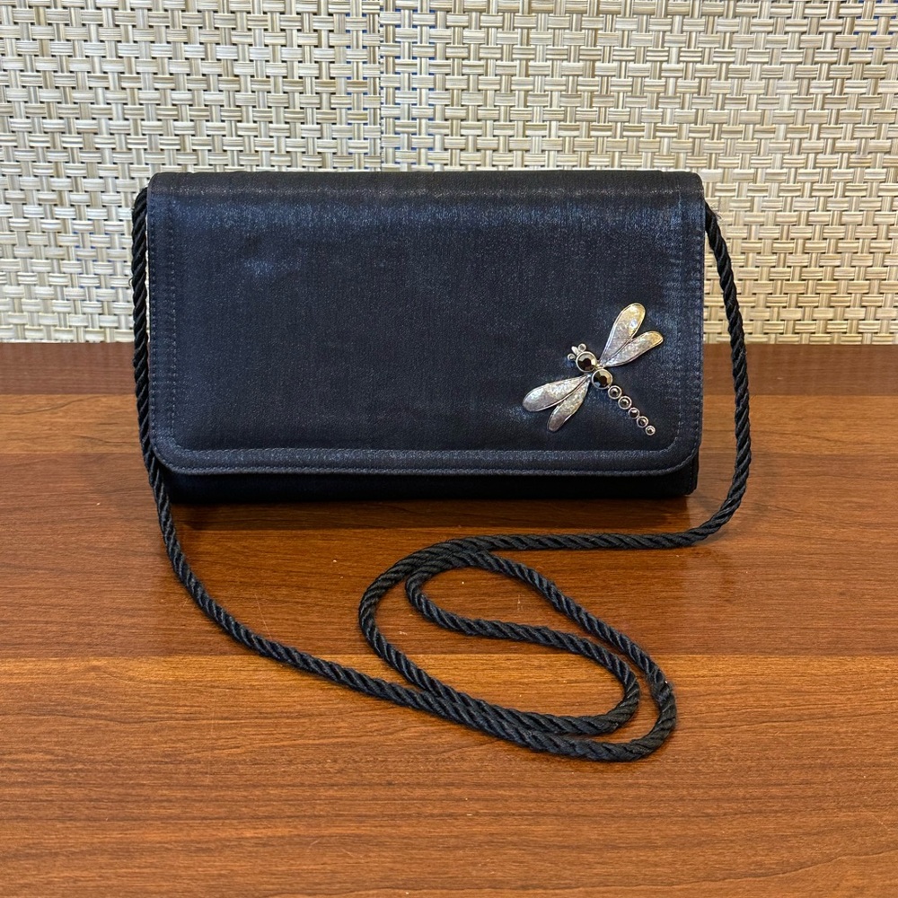 🌟HP🌟VTG 1980s Frenchy of California Black Satin Rhinestone Dragonfly Evening Bag